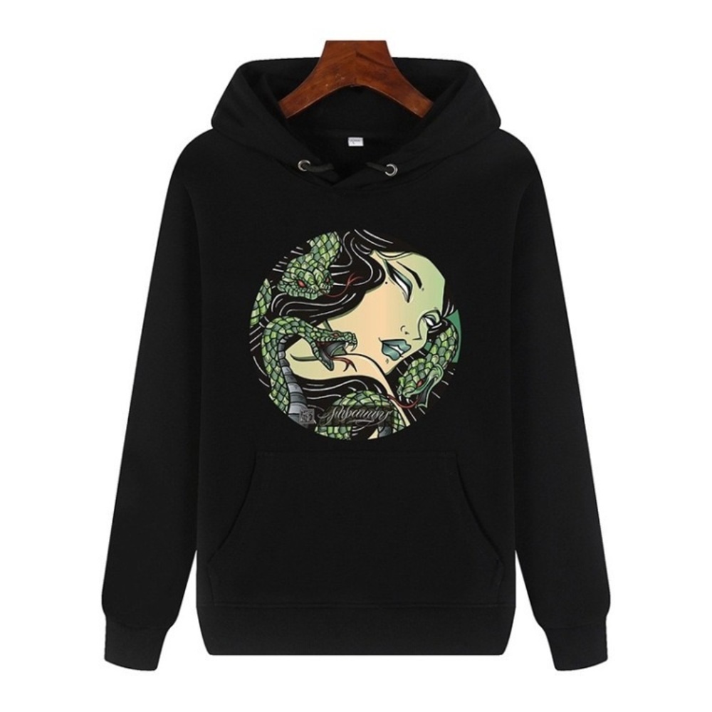 Graphic Black Hoodie with Green Snake Design